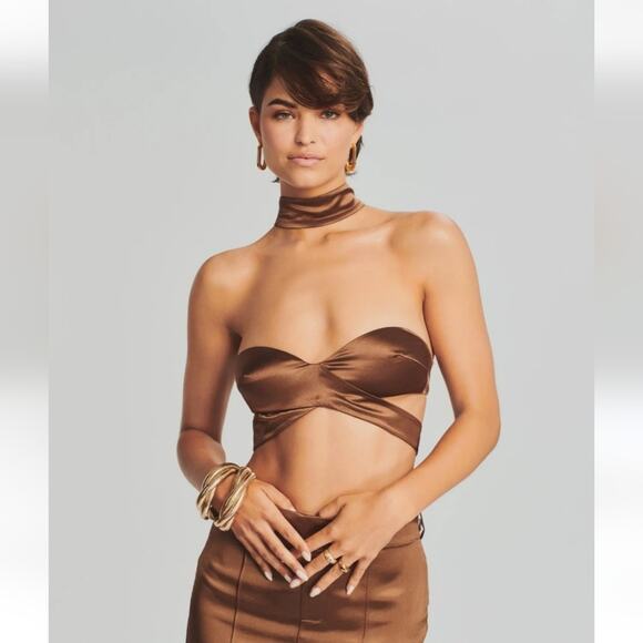 Retrofete Ross Top in Cognac Brown Size XS NWT Satin Padded Bust Strapless - Picture 1 of 10